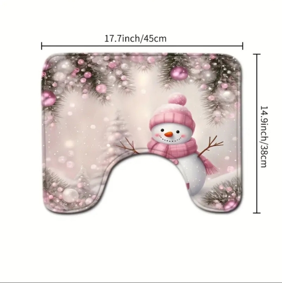 4pc Pink Snowman Shower Curtain & Bathroom Rugs Set |Christmas Holiday Decor NEW - Picture 3 of 11